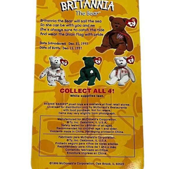 TY McDonalds Teenie Beanie Baby BRITANNIA the Bear date of birth 1997 OPENED - Picture 8 of 12